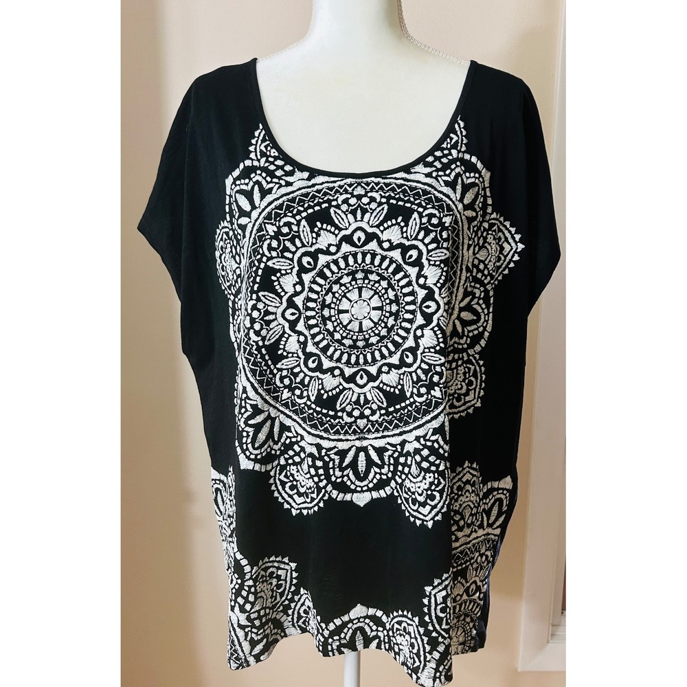 Style & Co Top 100% Cotton 2X Black White NWT Boho Mandala Graphic Zippered